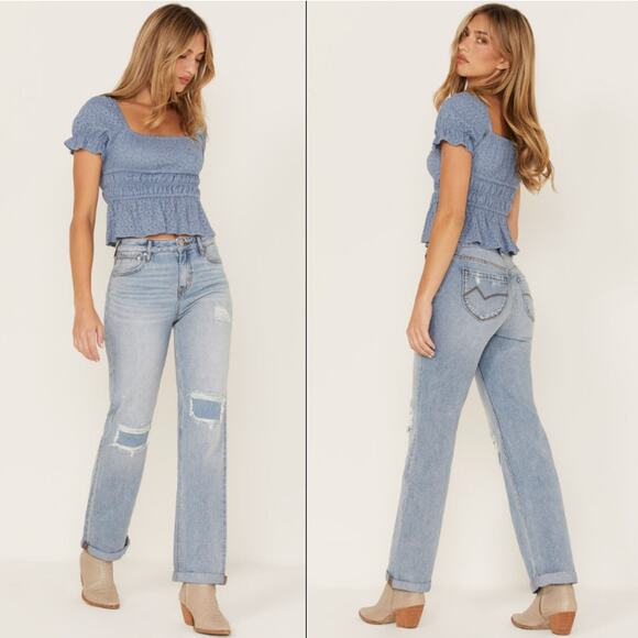 Cleo + Wolf Denim - Cleo + Wolf Patchwork Distressed Light-Wash High-Rise Straight Jeans Women's 29